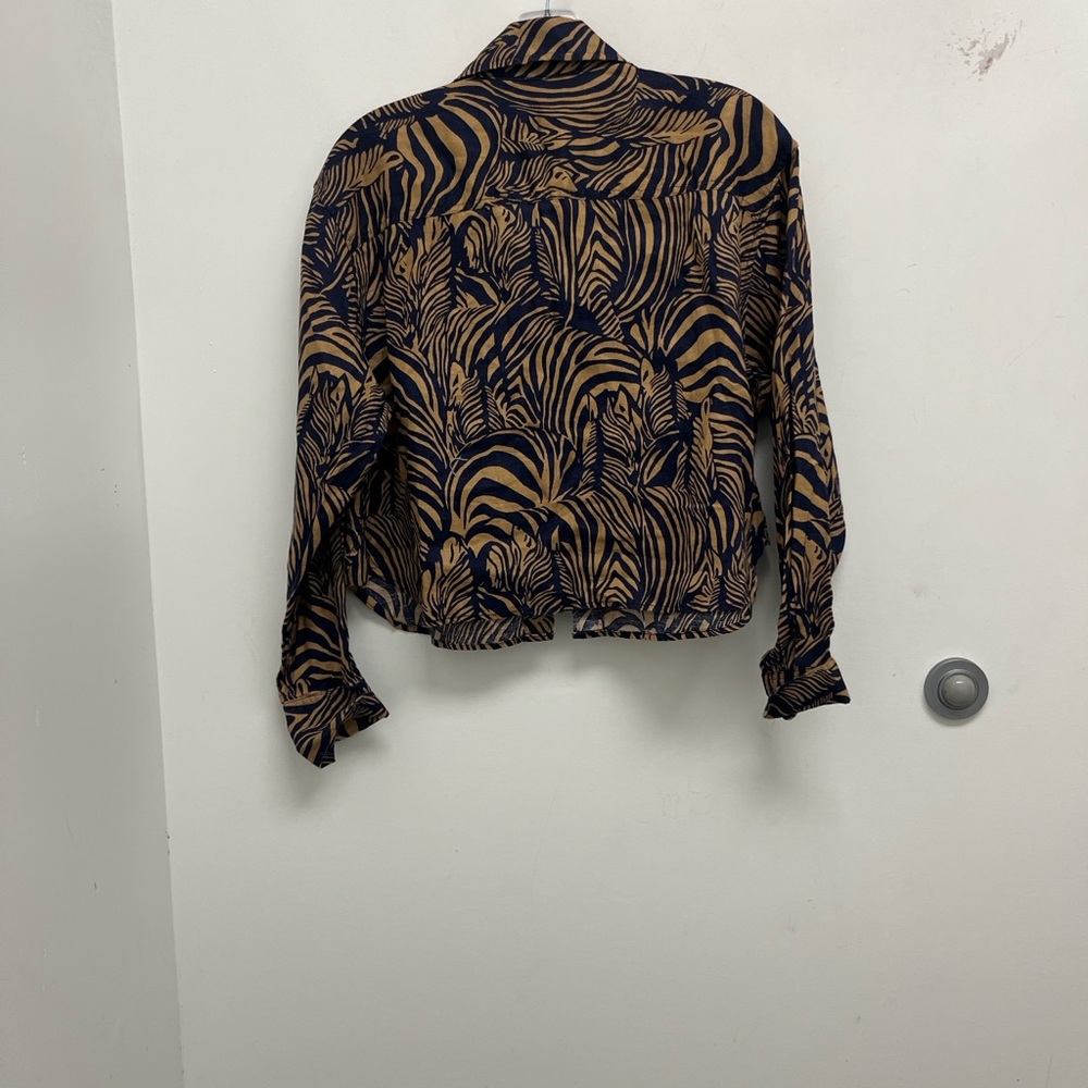 Banana Republic 100% LINEN Black and Tan Zebra Print Button Down Shirt